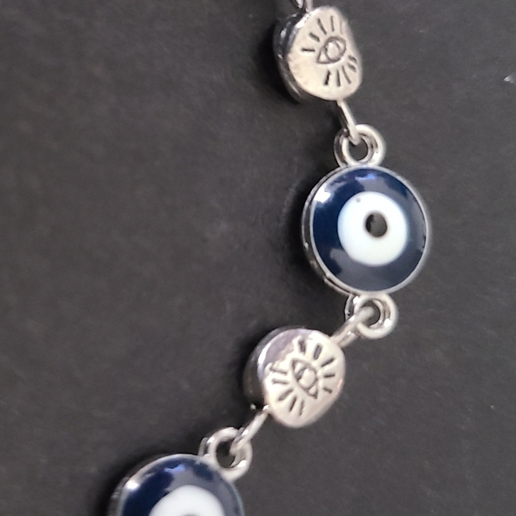 SILVER PLATED NAVY BLUE ENAMEL EVIL EYE LINK BRACELET FOR PROTECTION LUCK - Picture 6 of 6